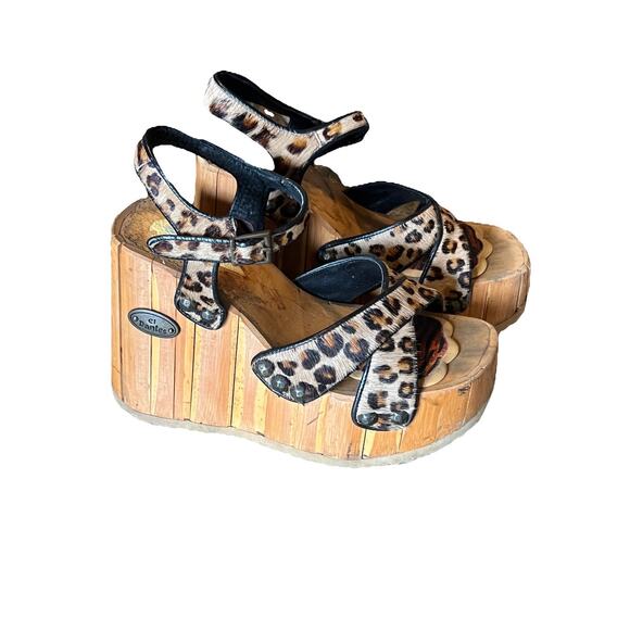 El Dantes wood platform sandals leopard Vintage 90s bratz 70s EU 37 UK 4 US 6 - Picture 1 of 9